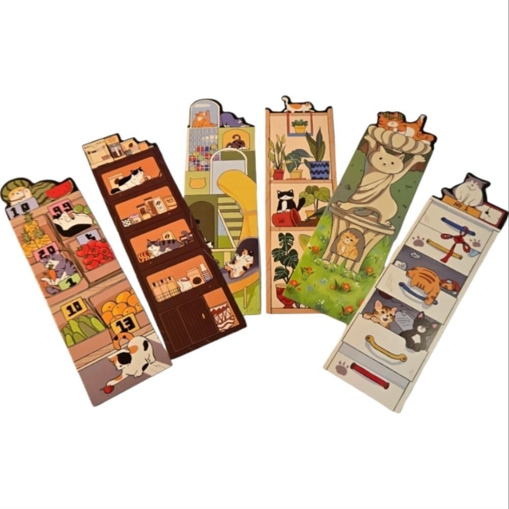 6pc Cat Bookmark Set Colorful Reading Markers Birdbath Grocery Shop Statue Cats